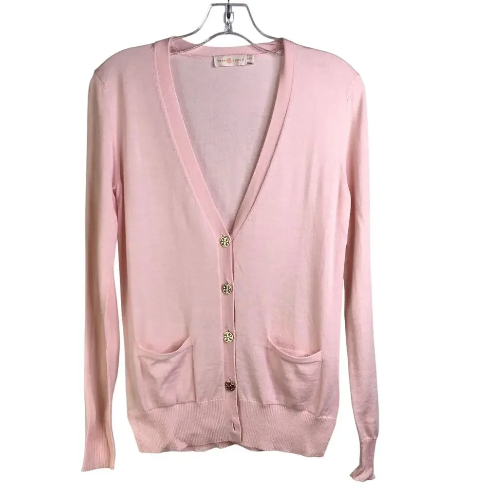 Tory Burch Madeline Cardigan Wmns Size XS/TP Coastal‎ Pink Gold Logo Buttons