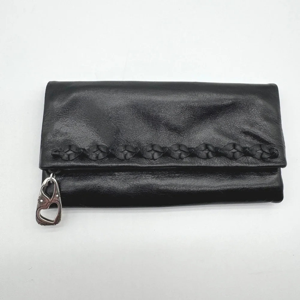 Brighton Black‎ Leather Trifold Wallet Clutch with Heart Charm Floral Detail