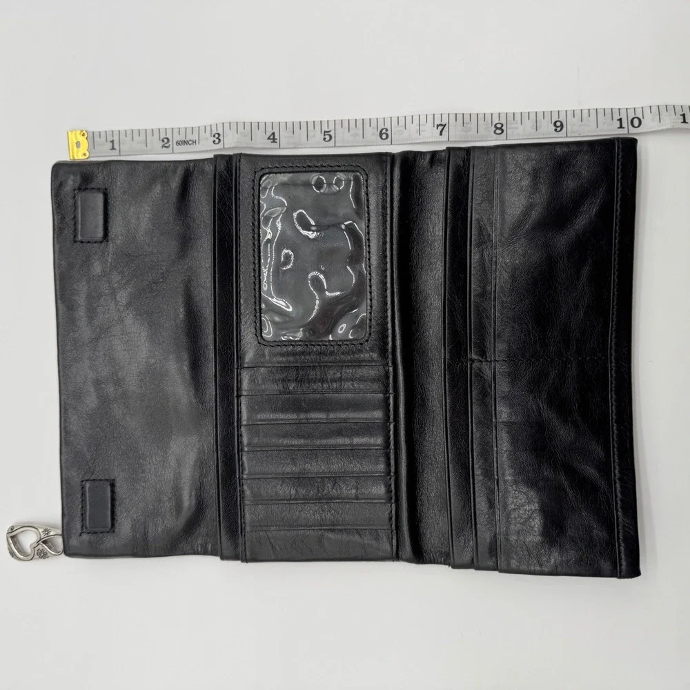 Brighton Black‎ Leather Trifold Wallet Clutch with Heart Charm Floral Detail