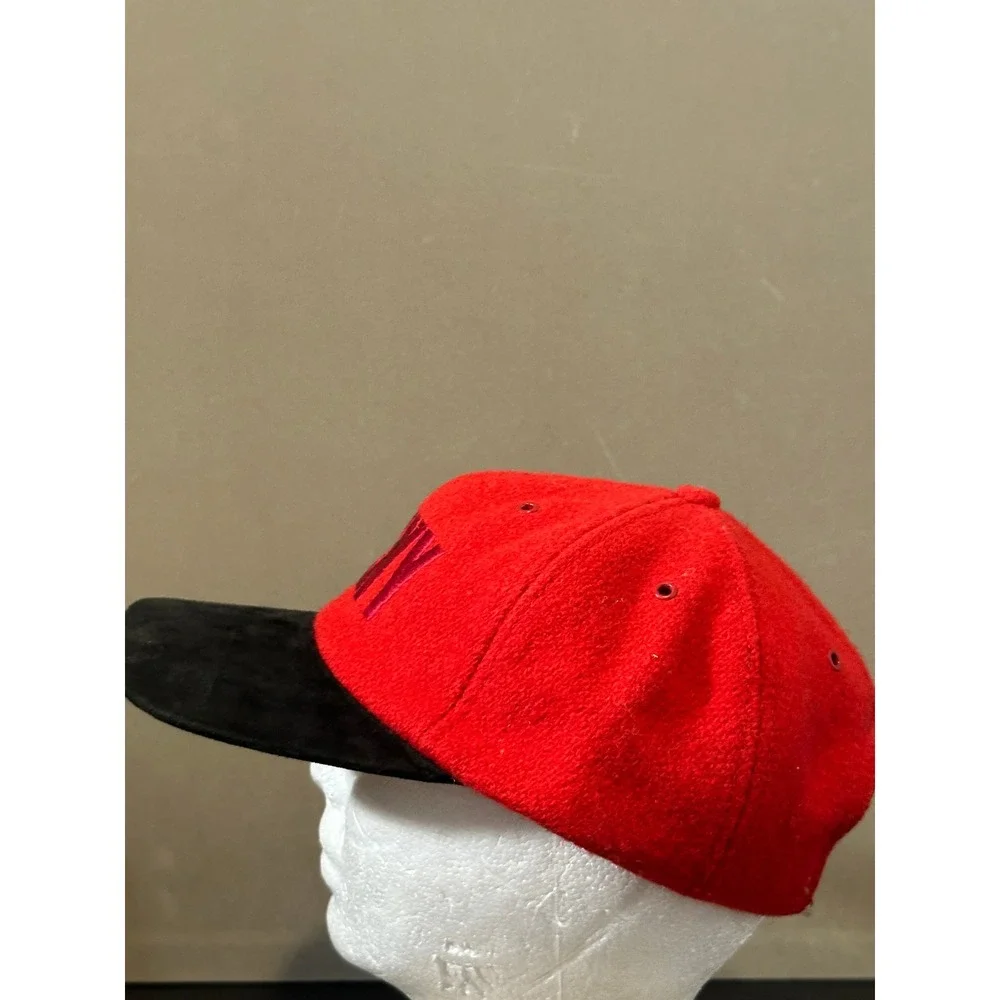 Vintage‎ DKNY NYC Red Wool Black Suede Brim Baseball Cap Hat Made in USA