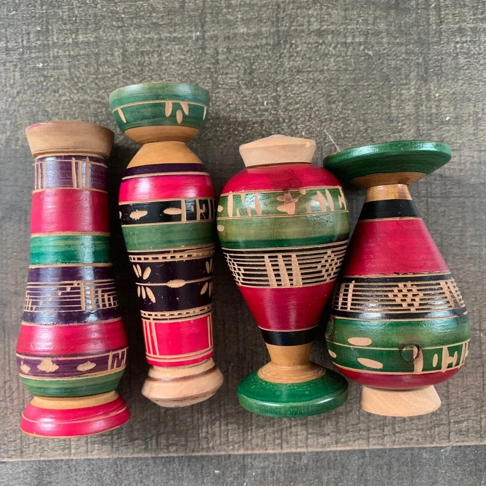 Vintage~1980s Mexican Wooden Salt & Pepper Shakers Folk Art Painted Set of‎ 4