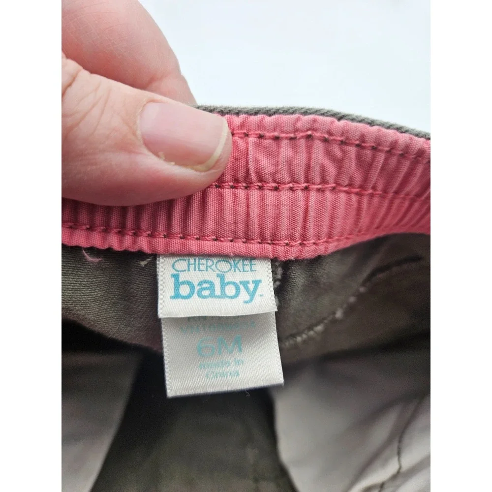 Cherokee Baby Girl Pants 6M Olive‎ Green Cotton Pink Stitch Bow Pocket Cute