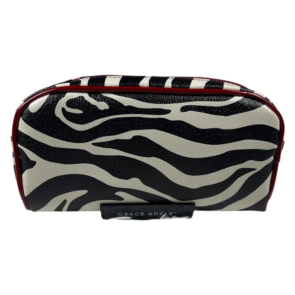 NWOT Grace Adele Zebra Print Cosmetic Bag Black‎ White Red Faux Leather Case
