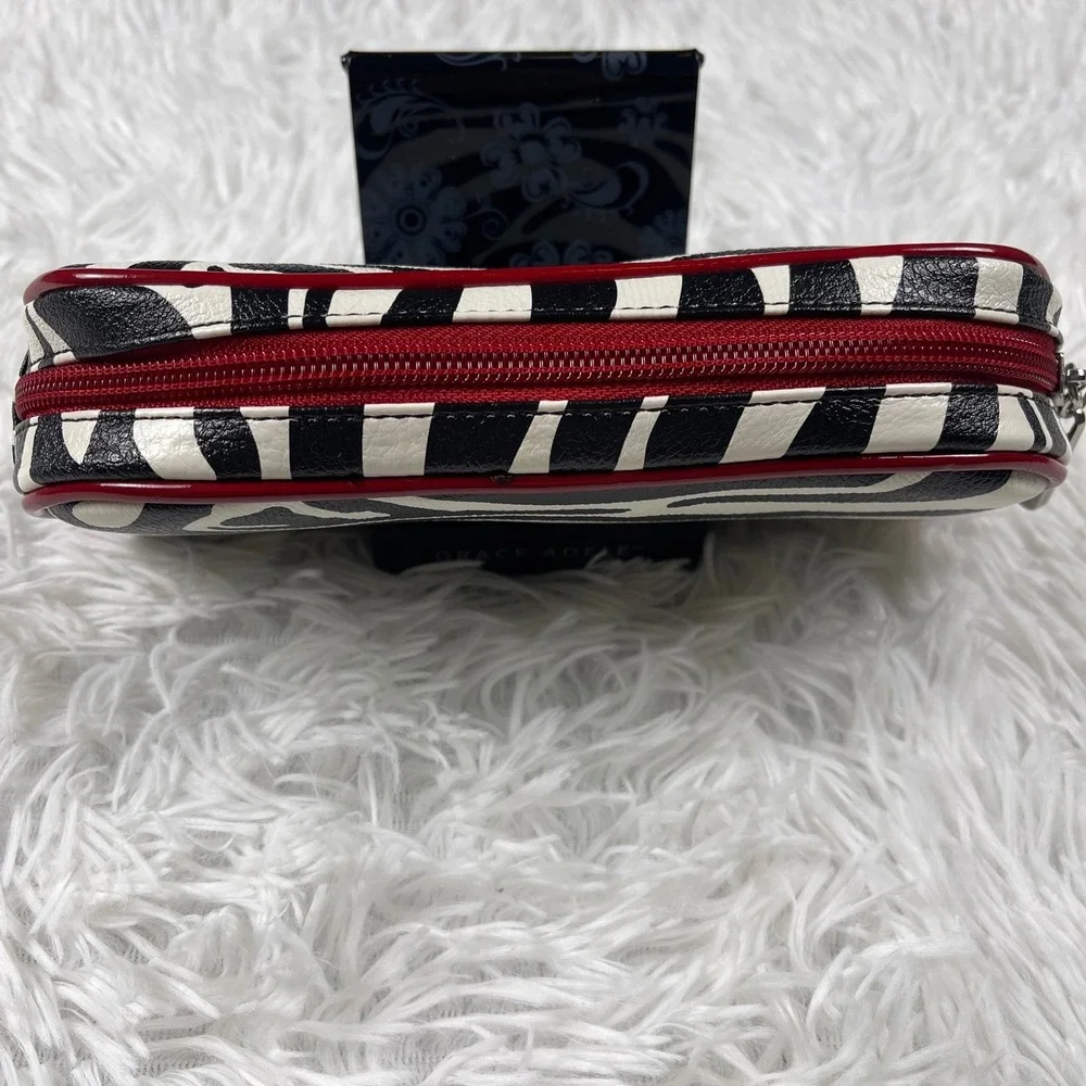 NWOT Grace Adele Zebra Print Cosmetic Bag Black‎ White Red Faux Leather Case