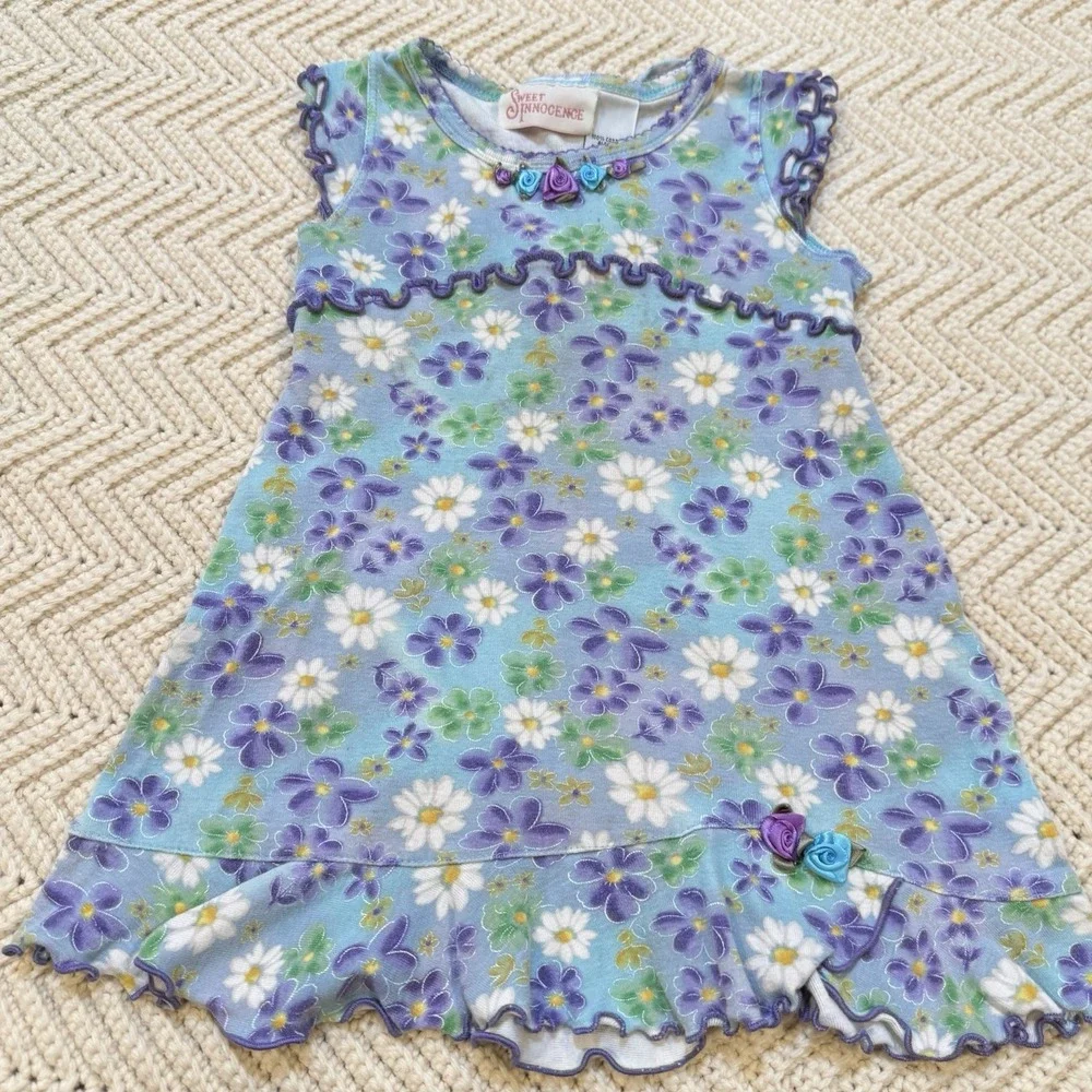 Sweet Innocence‎ Y2K Ruffle Dress Size 2T Purple Blue Daisies Tie Back Summer
