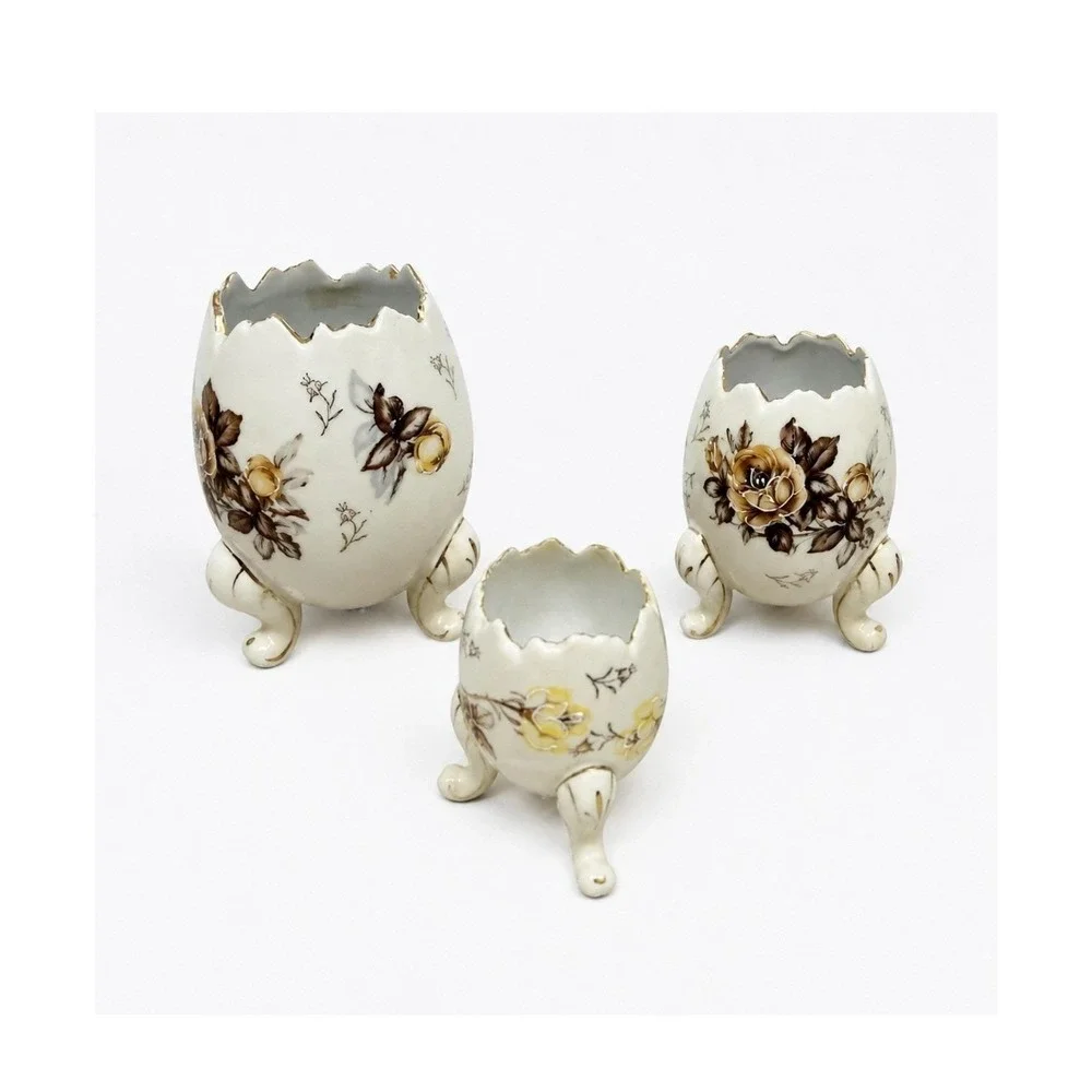 Vintage Napcoware Set of 3 Floral Egg Footed Vases C3199 Gold Trim Cracked Shell