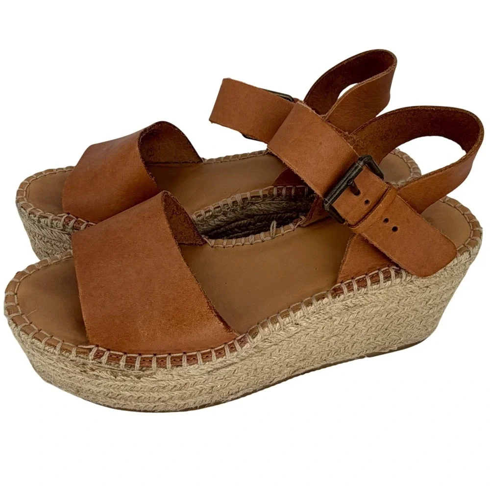 Soludos Minorca Platform Espadrille Sandals Tan Leather Boho Coastal Wedge 40