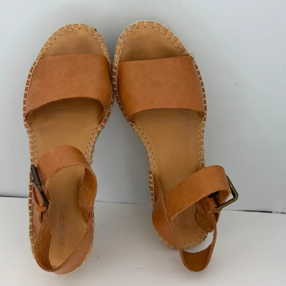 Soludos Minorca Platform Espadrille Sandals Tan Leather Boho Coastal Wedge 40