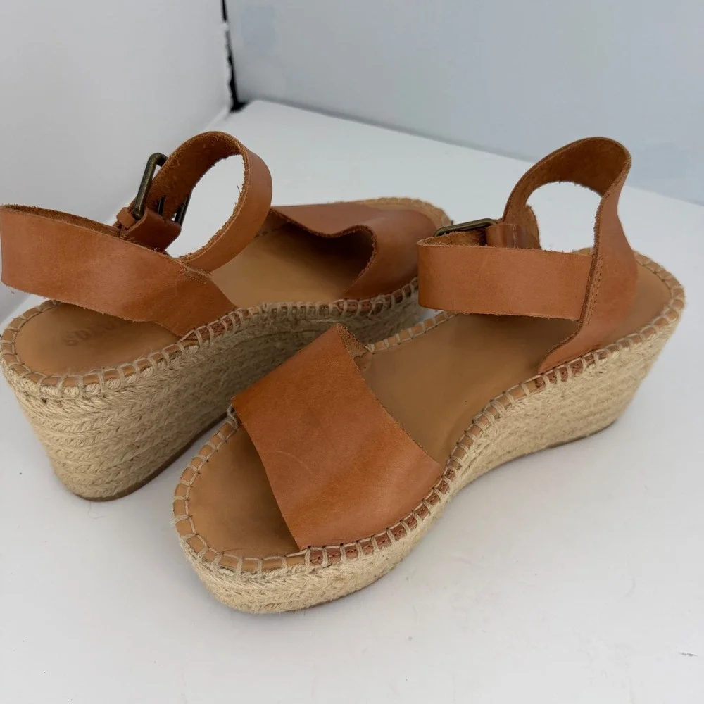 Soludos Minorca Platform Espadrille Sandals Tan Leather Boho Coastal Wedge 40