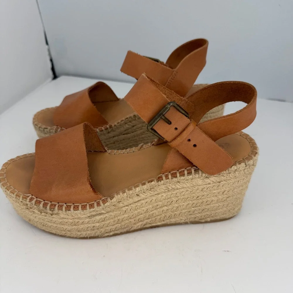 Soludos Minorca Platform Espadrille Sandals Tan Leather Boho Coastal Wedge 40