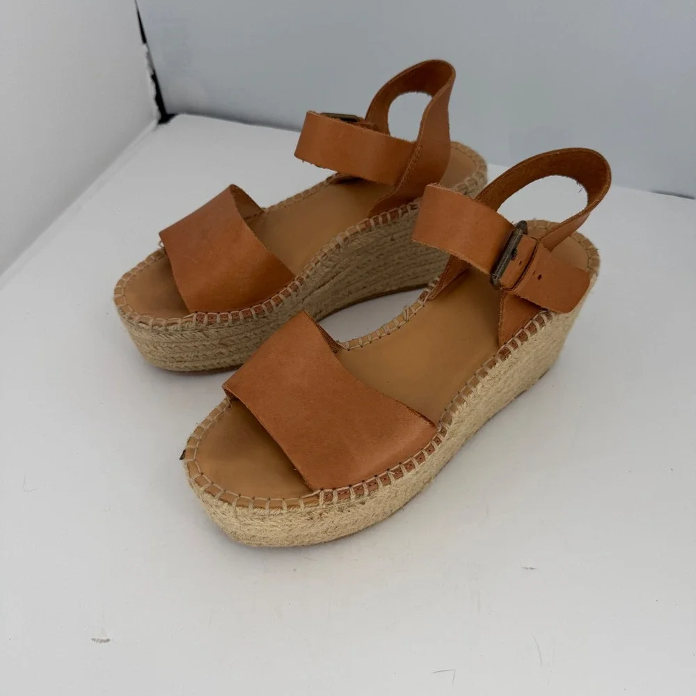 Soludos Minorca Platform Espadrille Sandals Tan Leather Boho Coastal Wedge 40