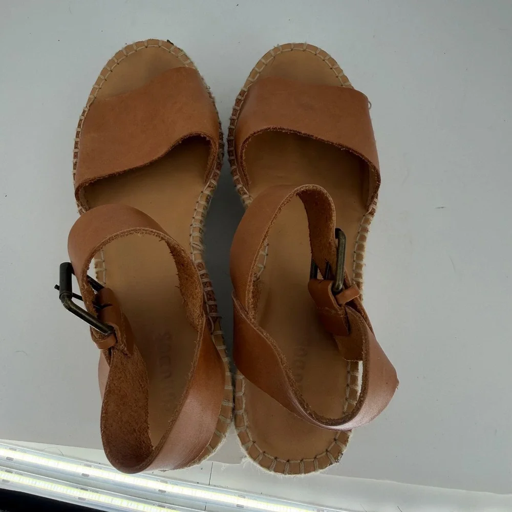 Soludos Minorca Platform Espadrille Sandals Tan Leather Boho Coastal Wedge 40
