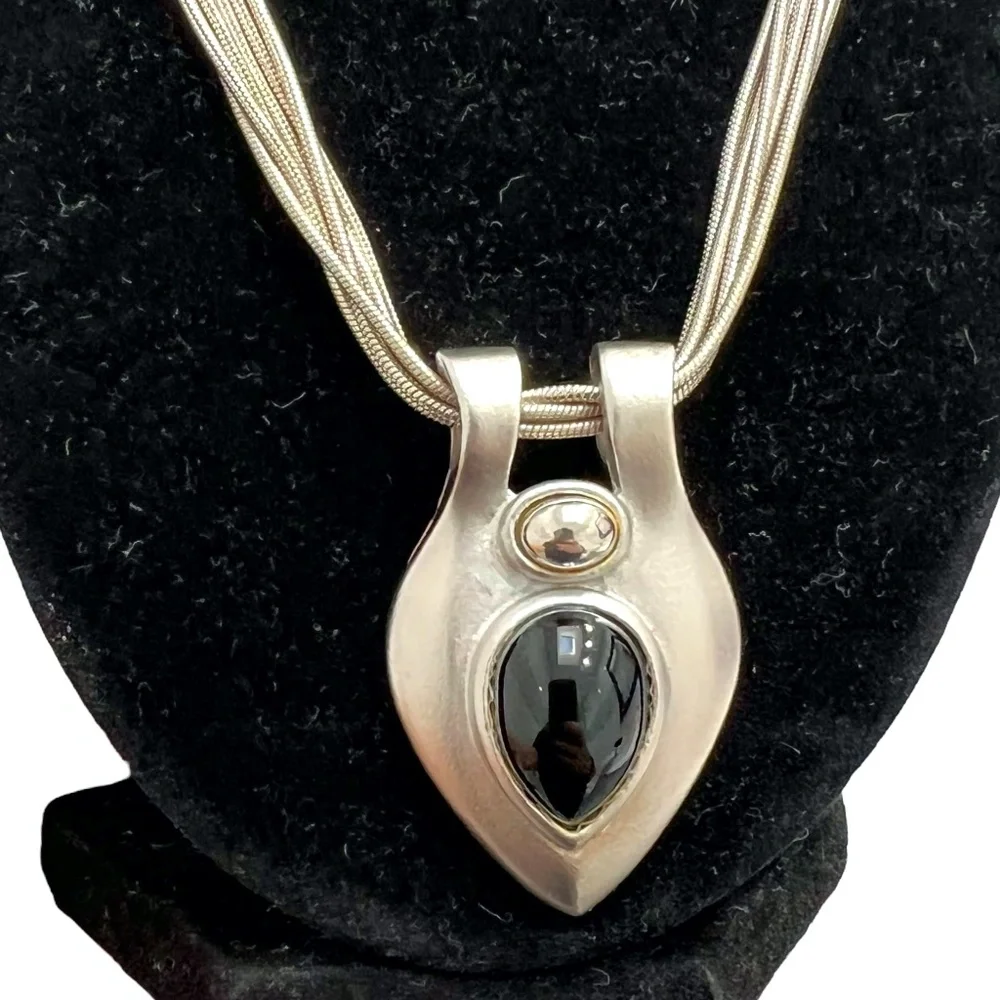 VINTAGE 6 CHAIN SILVER TONE NECKLACE WITH TEARDROP PENDANT WITH BLACK STONE