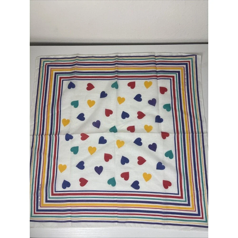 Vintage 80s/90s Hankerchief Hearts/Bright Colors Fast Color RN50811 Made Japan
