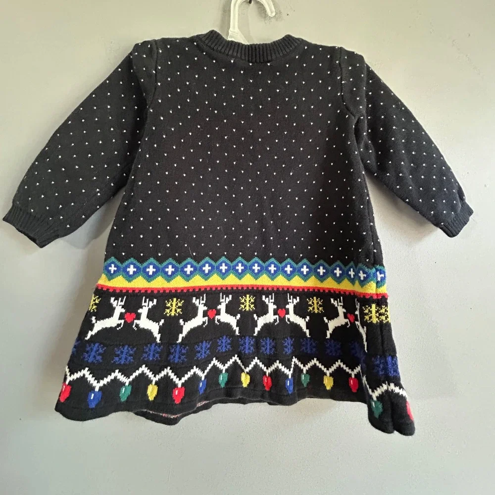 Hanna Andersson Kids Black Christmas Reindeer Sweater Dress 100% Cotton 12-18M