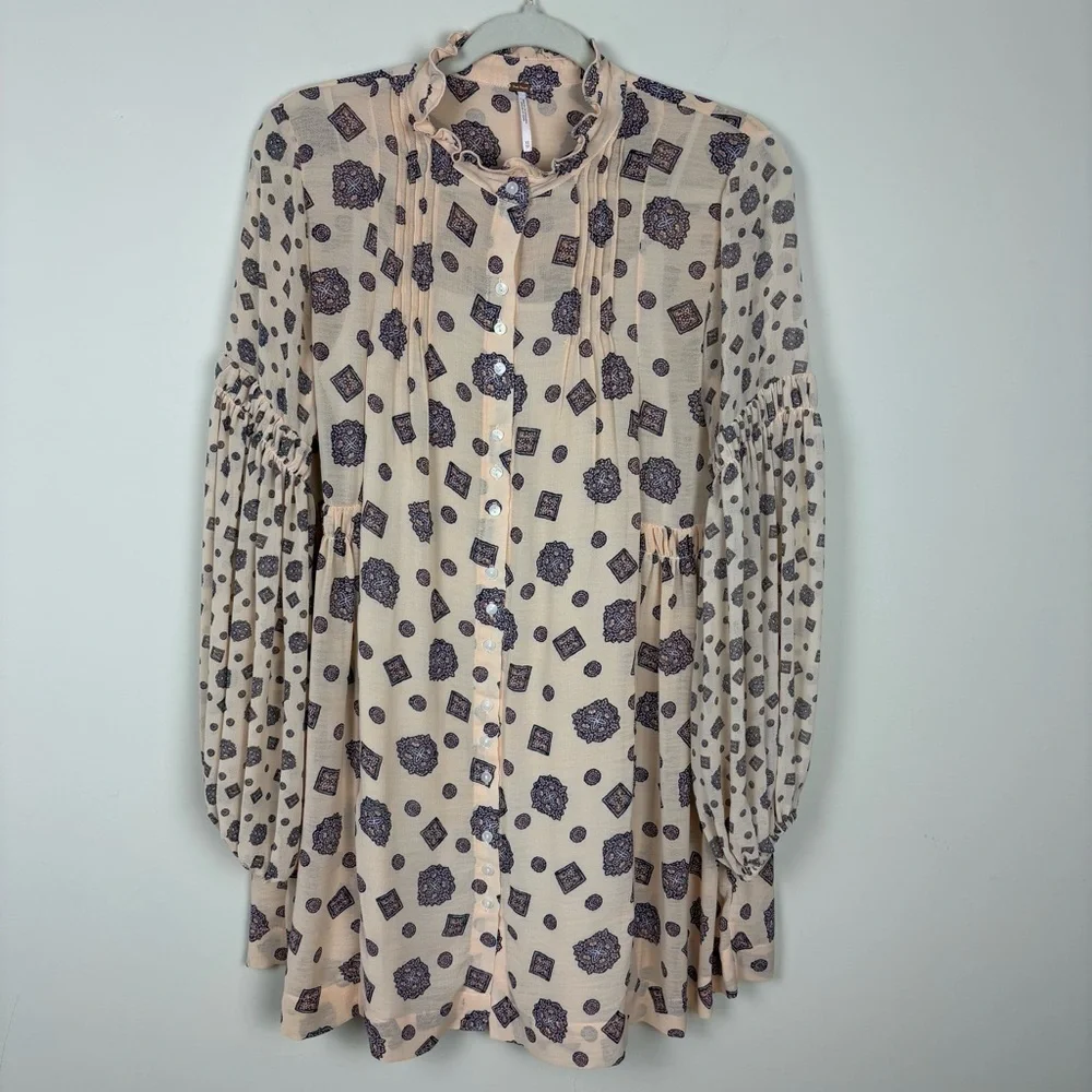 Free People Turn Turn Mini Button Front Dress Sz XS Cream Purple Print Boho Chic