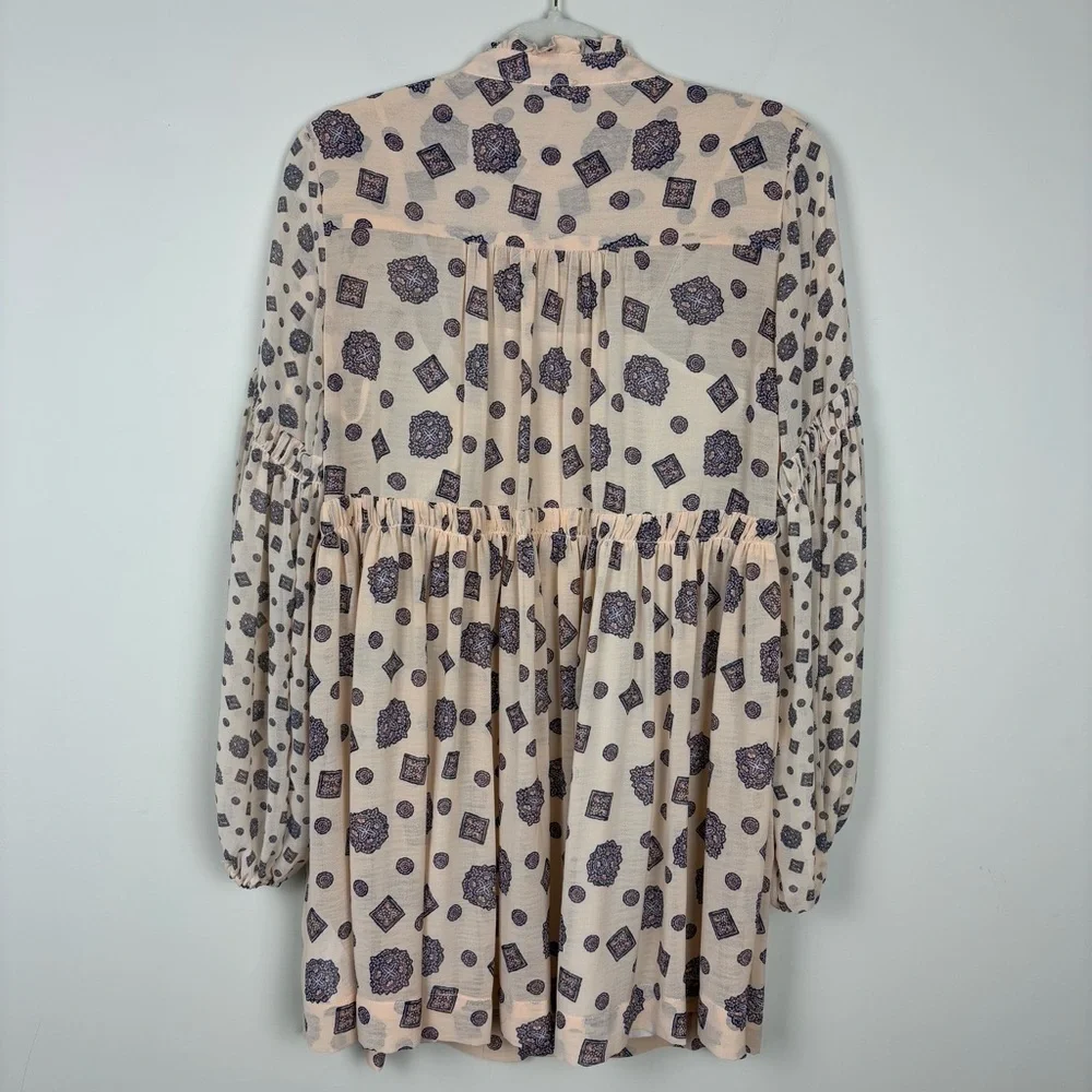 Free People Turn Turn Mini Button Front Dress Sz XS Cream Purple Print Boho Chic