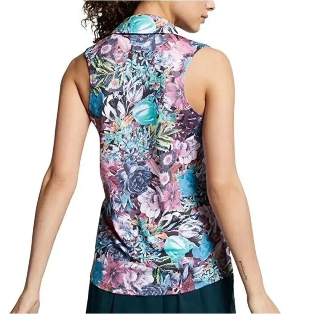 Nike Dri Fit Blue Pink floral Sleeveless‎ Polo golf Tank Top Sz-L. H18