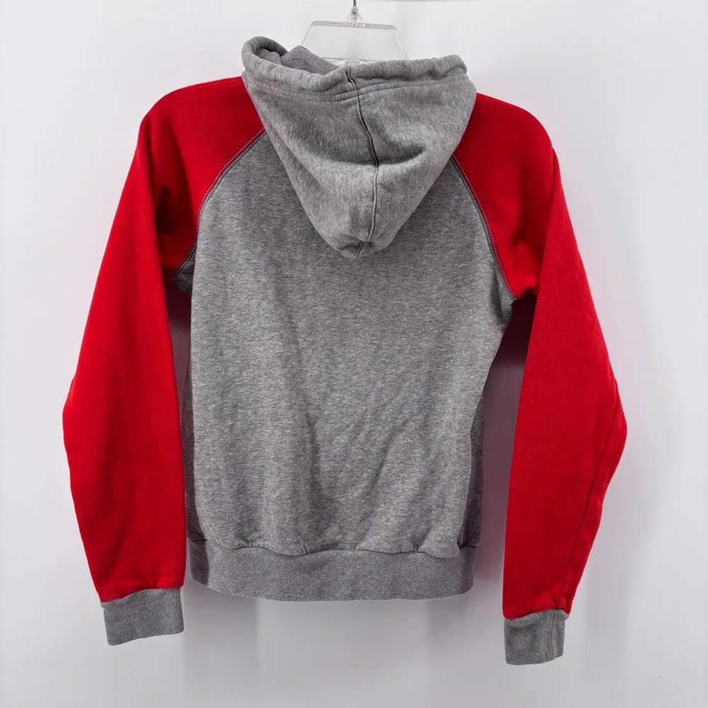 Y2K Nike Full Zip Hoodie Women S (FIT XS) Grey Red Colorblock Raglan Fleece Logo