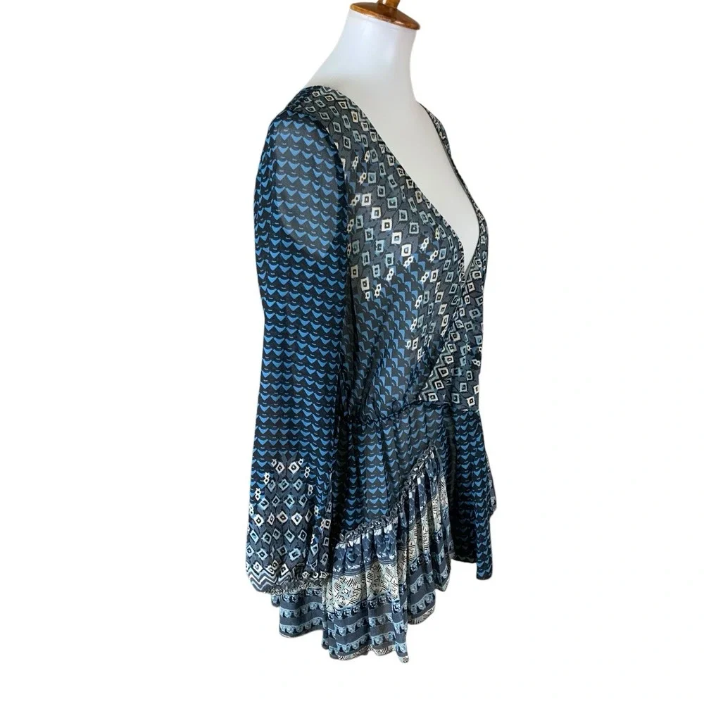 Free People Boho Elephant Print Ruffle Hem Wrap Sheer Top Small Long Sleeve Blue