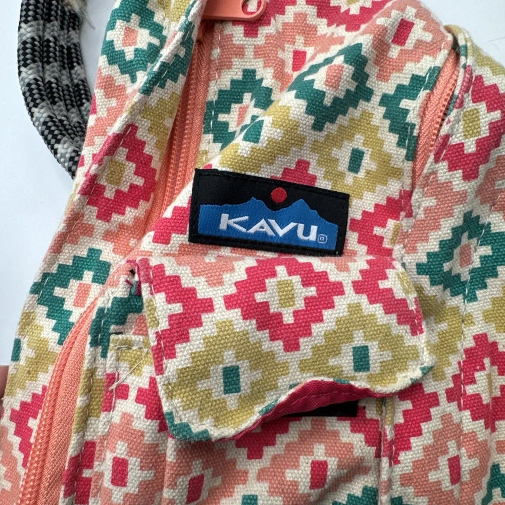 KAVU Geometric Pink Rope‎ Bag Sling Canvas Backpack Small Purse Adjustable Strap