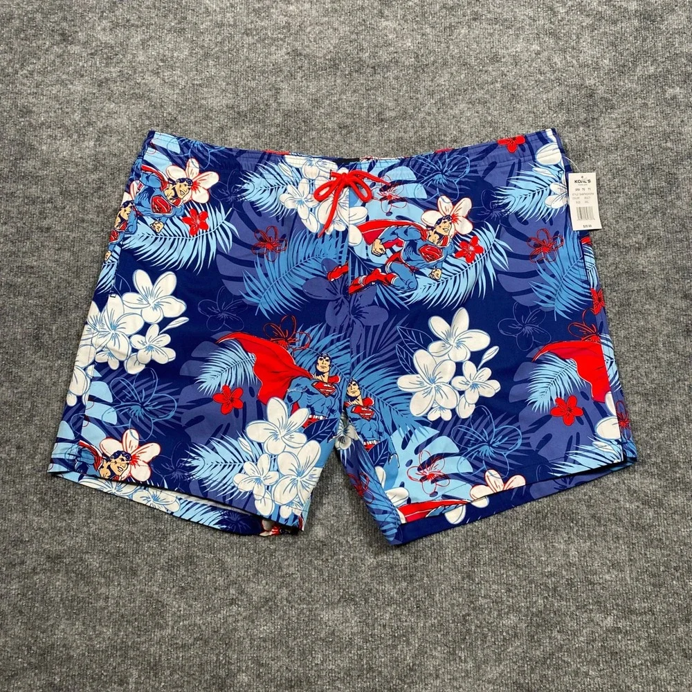 Superman Mens XXL Swim Trunks Blue Tropical Hawaiian Floral Board‎ Shorts NWT