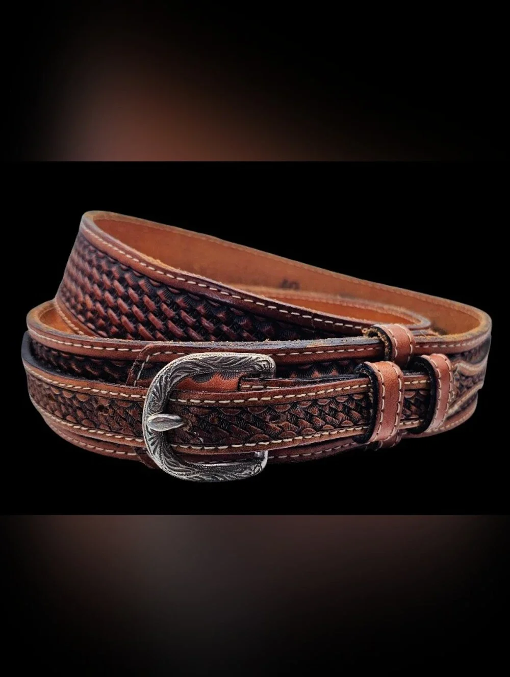Justin Western Leather Belt Sz 40 Basket Tooled