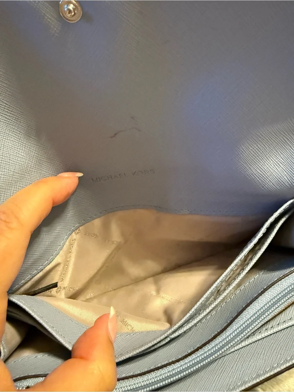 Michael Kors Pebbled Leather Continental Wallet in Light Gray/light blue