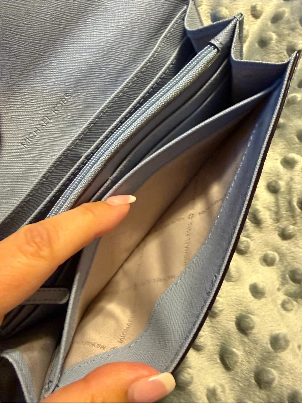 Michael Kors Pebbled Leather Continental Wallet in Light Gray/light blue