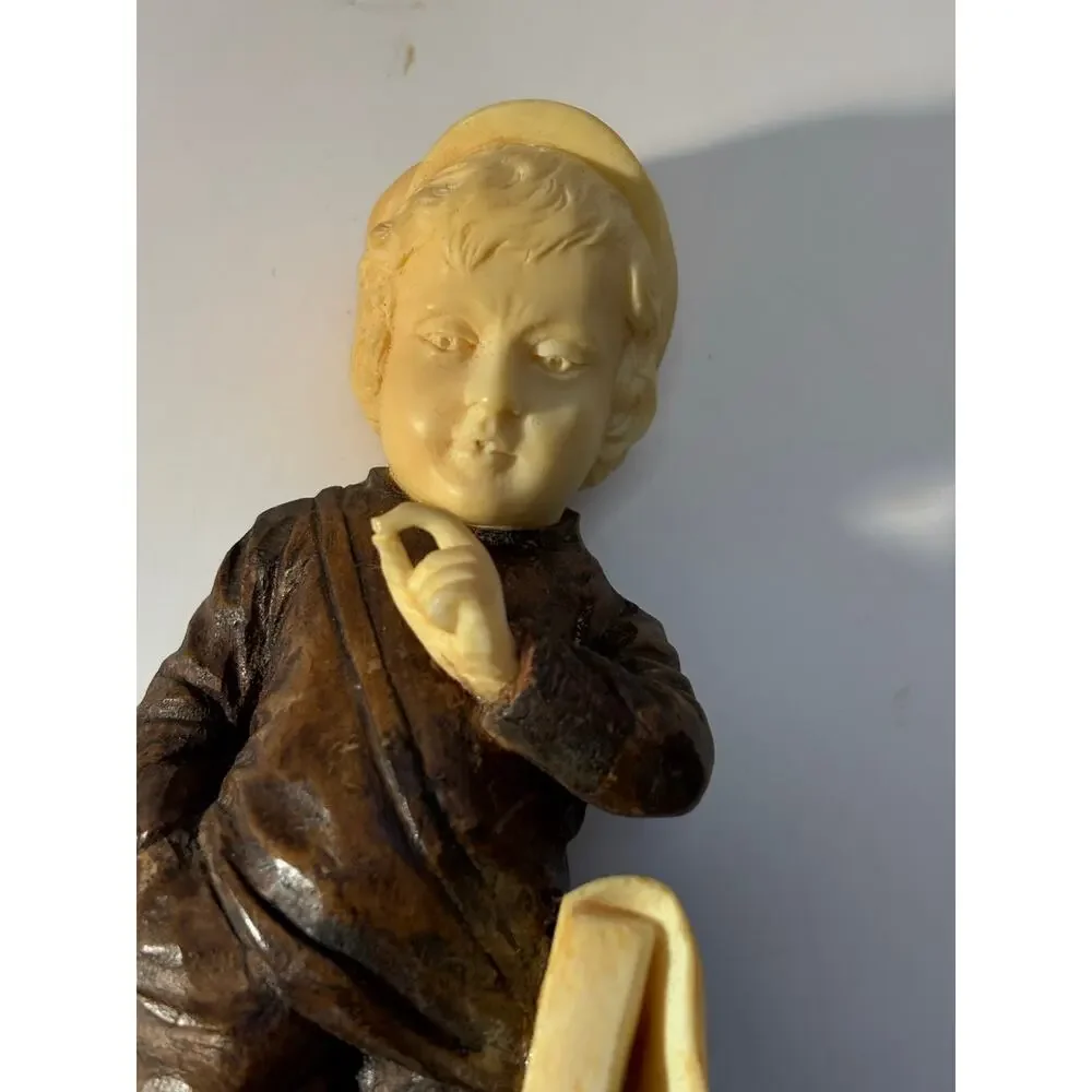 Small Resin and Wood Carved Figure Sculpture Boy w Satchel German?