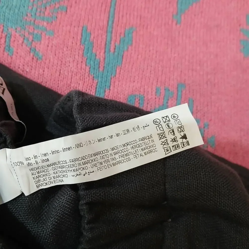 Zara womens large wide leg 100% linen gray pants charcoal gauzy elastic waist