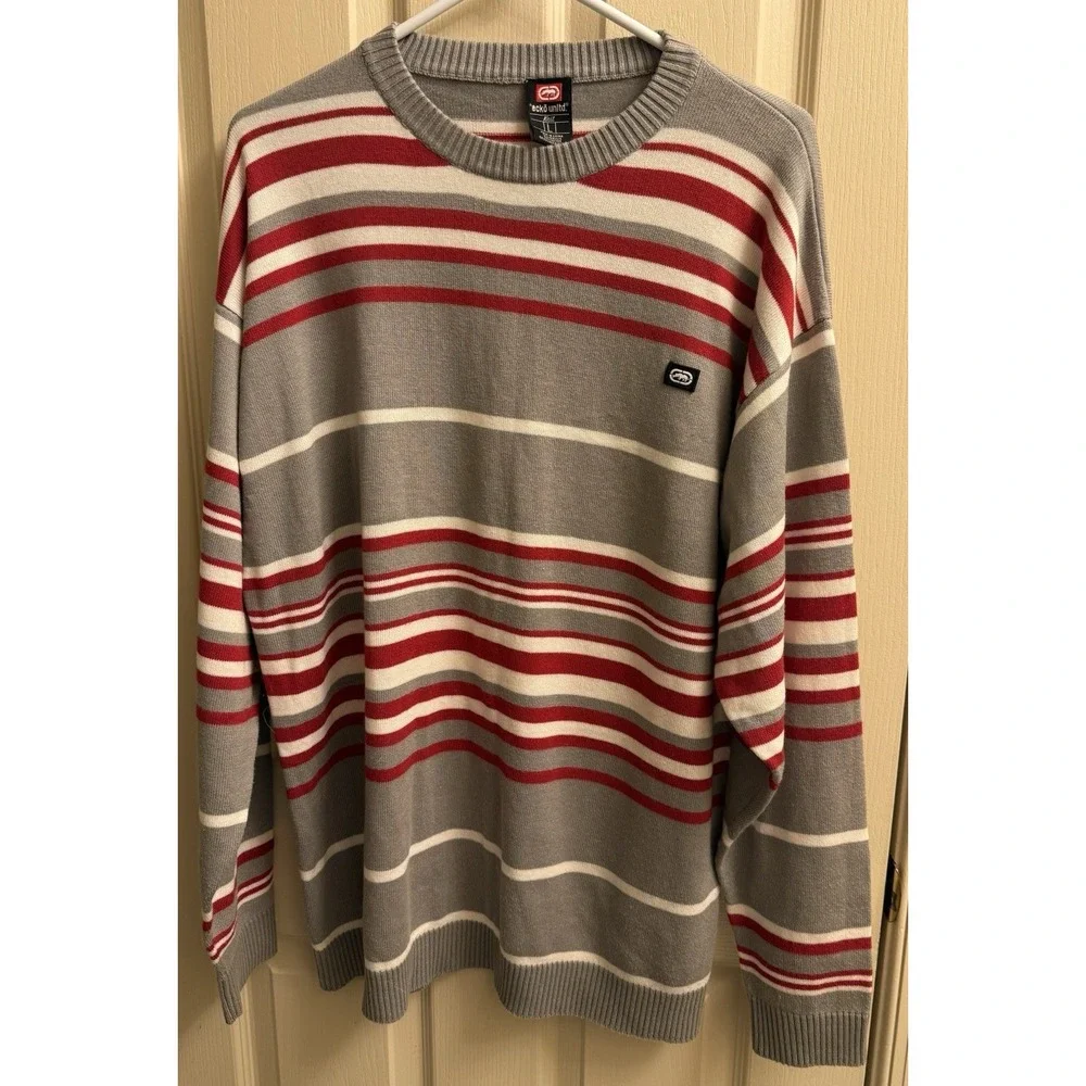 Vintage Y2K Ecko Unlimited‎ Knit Sweater Men Large Grey Red White Striped EUC