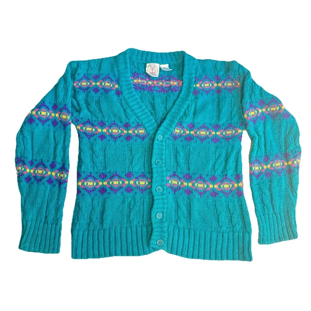 J G Hook VTG Sweater Teal‎ Purple Yellow Cardigan Child Sz L