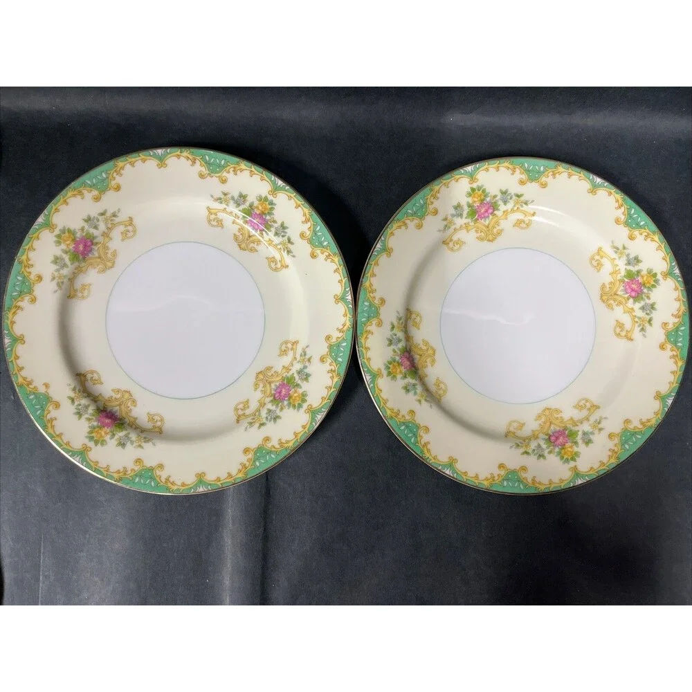 1930s Noritake Tiffany M Dessert Plates 7.5” Gold Trim Ivory Aqua Beige 2 PC HTF
