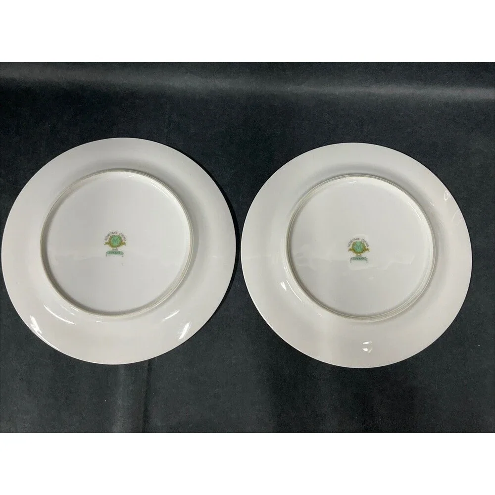 1930s Noritake Tiffany M Dessert Plates 7.5” Gold Trim Ivory Aqua Beige 2 PC HTF