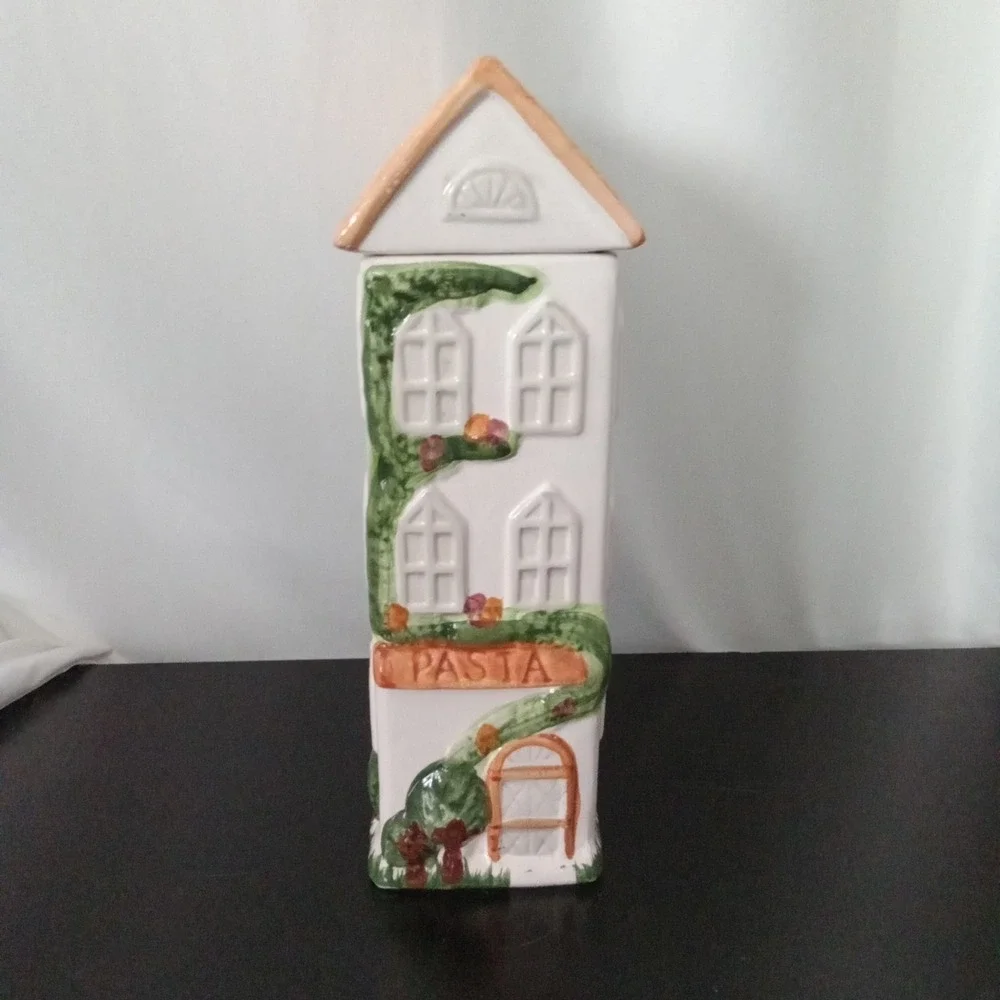 Vintage Style Ceramic Tall Pasta Canister House Shape Hand Painted 12.5 Inch
