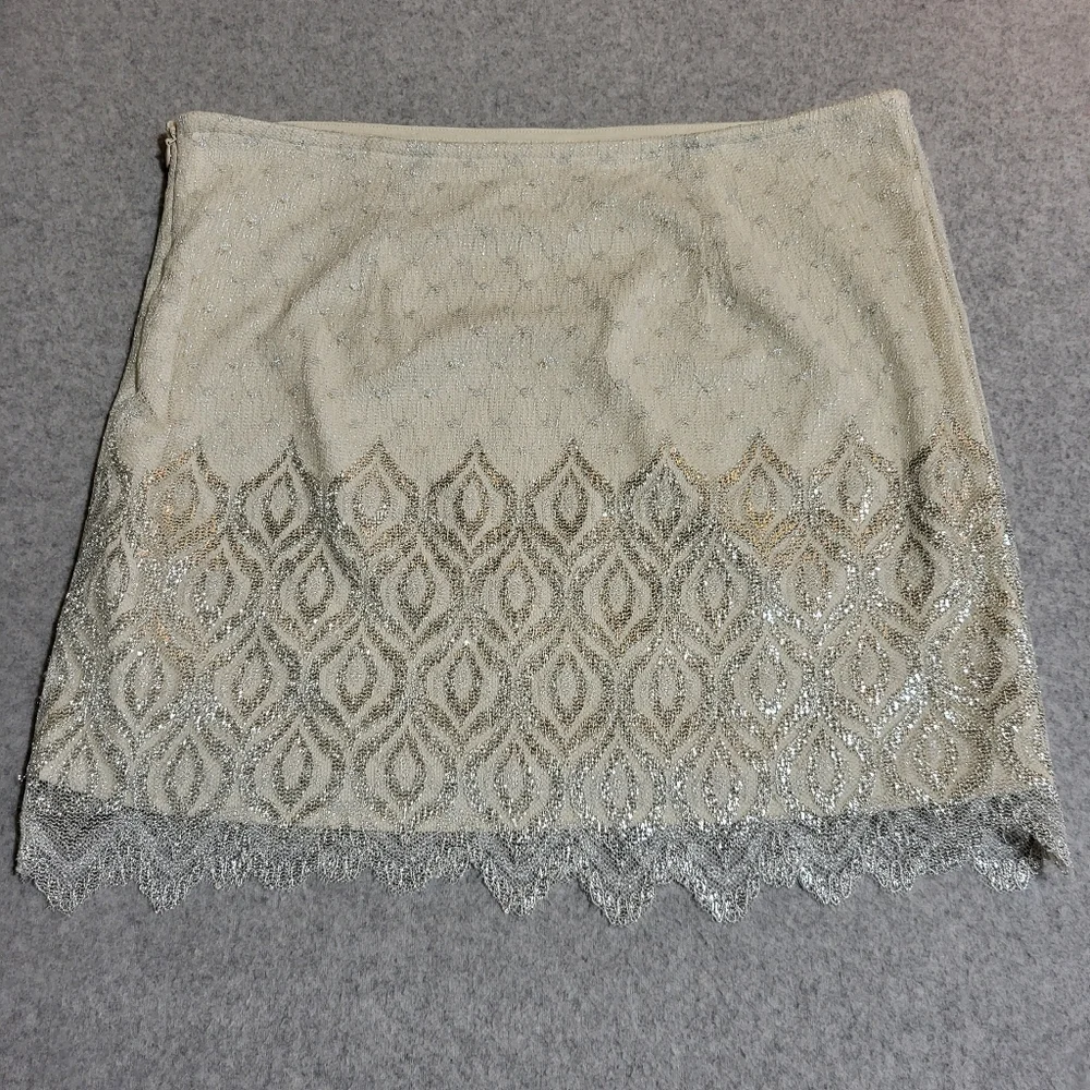 Free People Mini Lurex Skirt Sz 12 Ivory Silver Metallic Overlay Lace Glam Party
