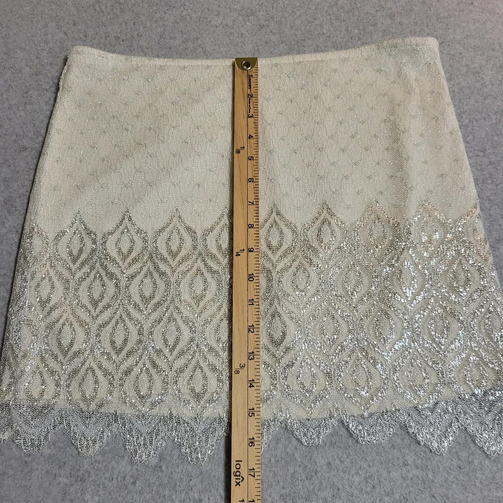 Free People Mini Lurex Skirt Sz 12 Ivory Silver Metallic Overlay Lace Glam Party