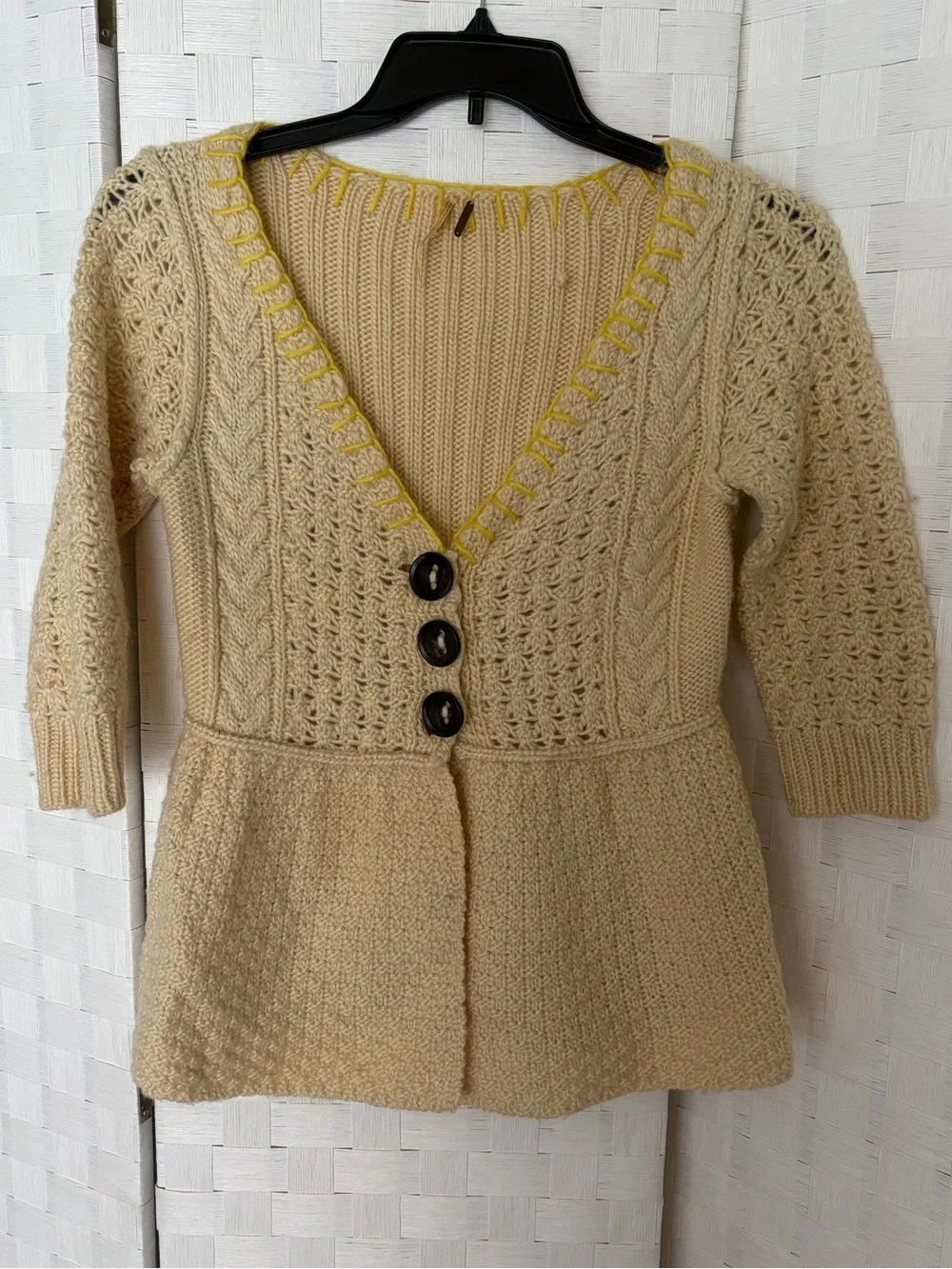 Free People Cream Knit V-Neck Button Cardigan with Yellow Trim Size Small