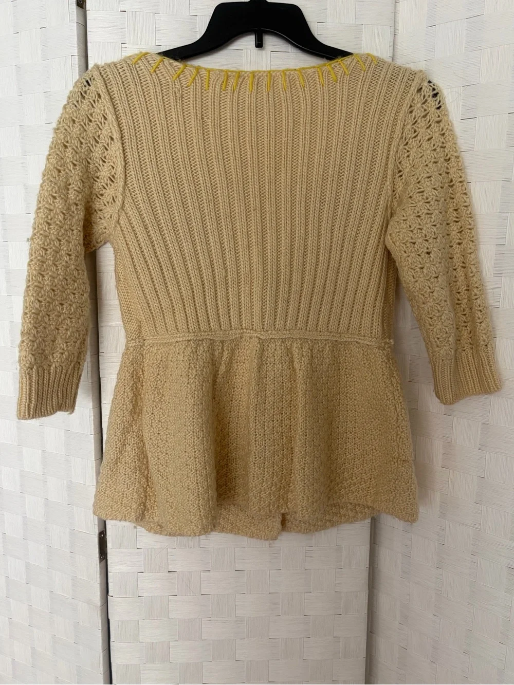 Free People Cream Knit V-Neck Button Cardigan with Yellow Trim Size Small