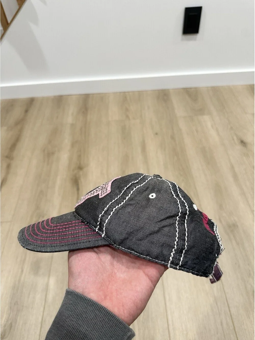 True Religion Distressed Gray Pink Adjustable Strap-Back Hat BROKEN