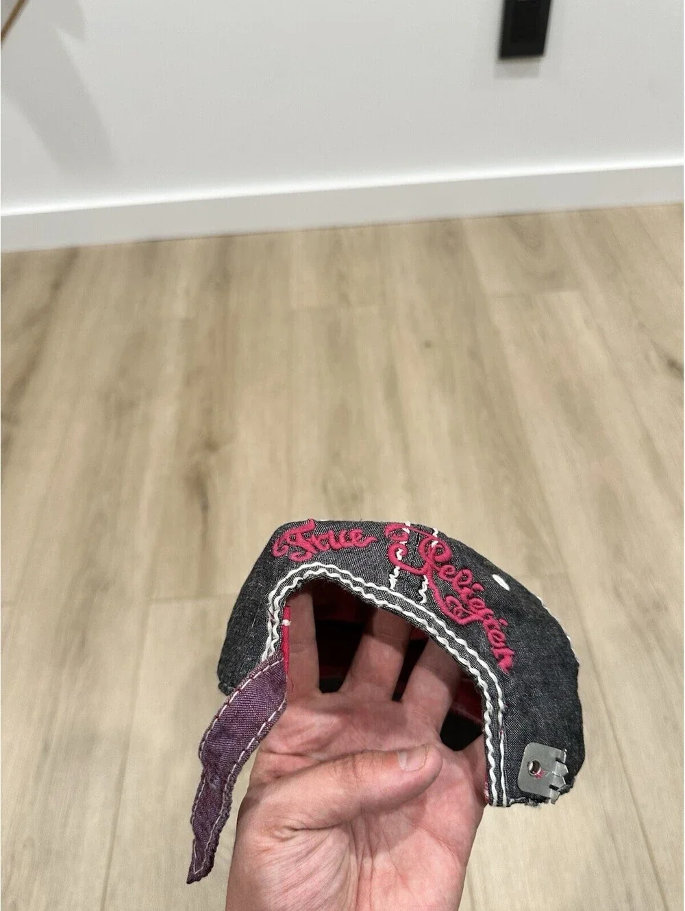 True Religion Distressed Gray Pink Adjustable Strap-Back Hat BROKEN