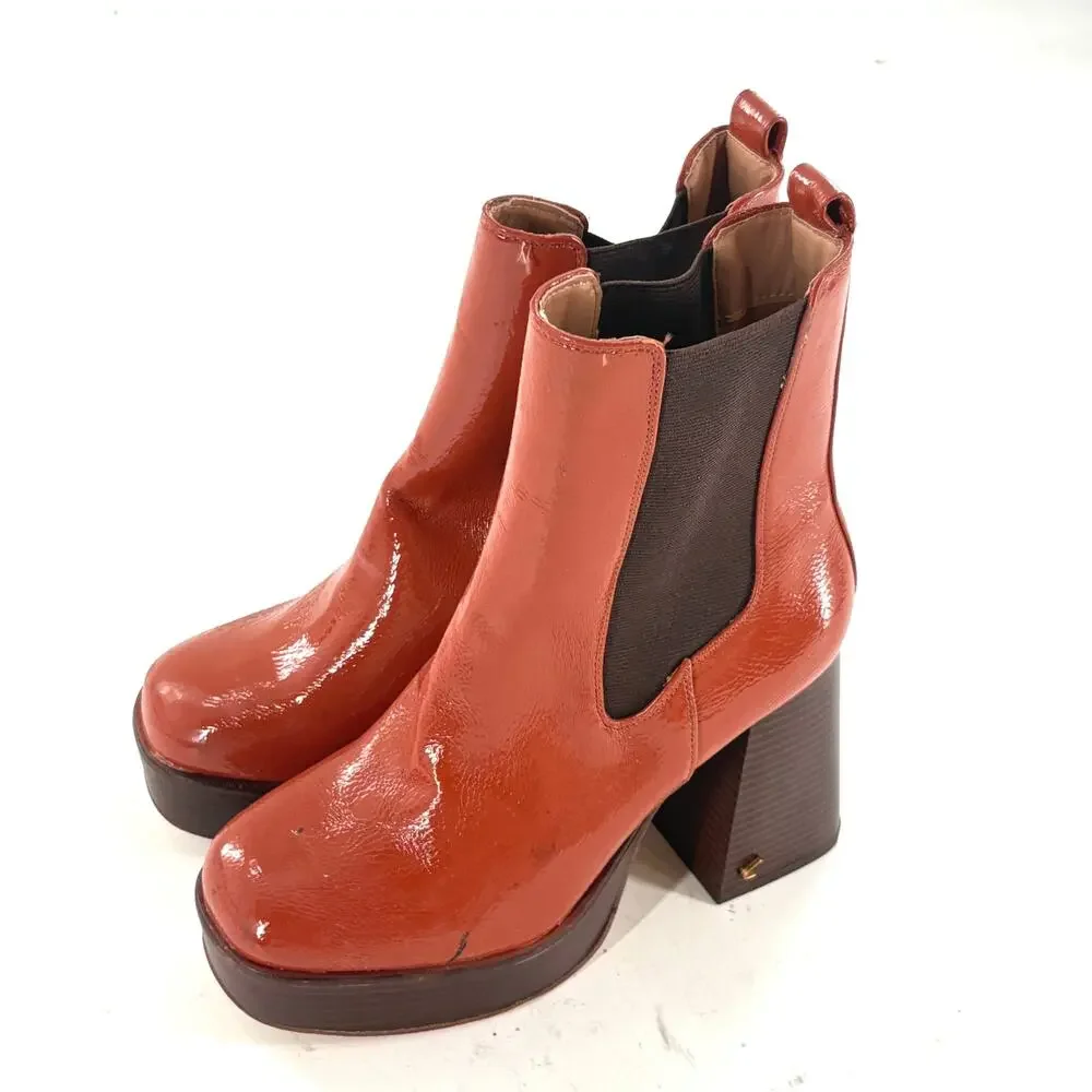 Sam Edelman Circus Stace Platform Booties 7 Cognac Brown Patent Ankle Boots