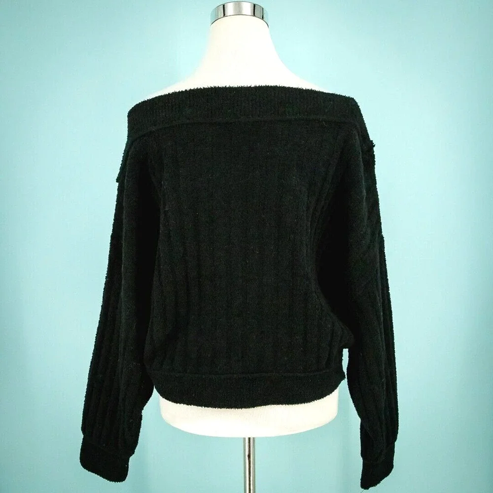 Free People Size Small S Black Cabin Fever Off Shoulder Ribbed Chenille Sweater
