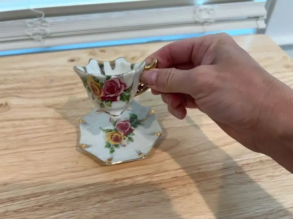 Vintage Enesco Miniature Floral Tea Cup and Saucer with Gold Trim