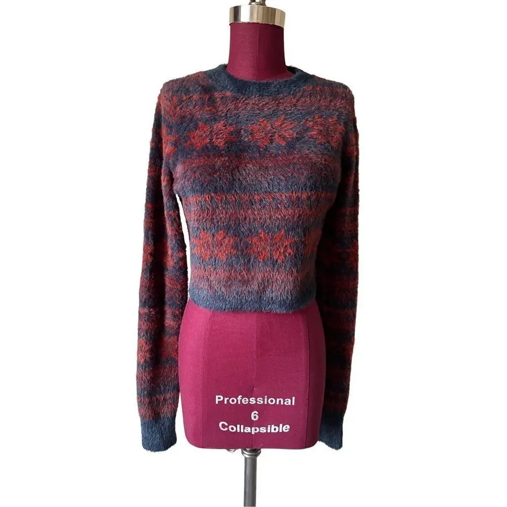 NWOT FREE PEOPLE FP ONE Sz S CROPPED FUZZY FAIRISLE‎ PULLOVER SWEATER NAVY COMBO