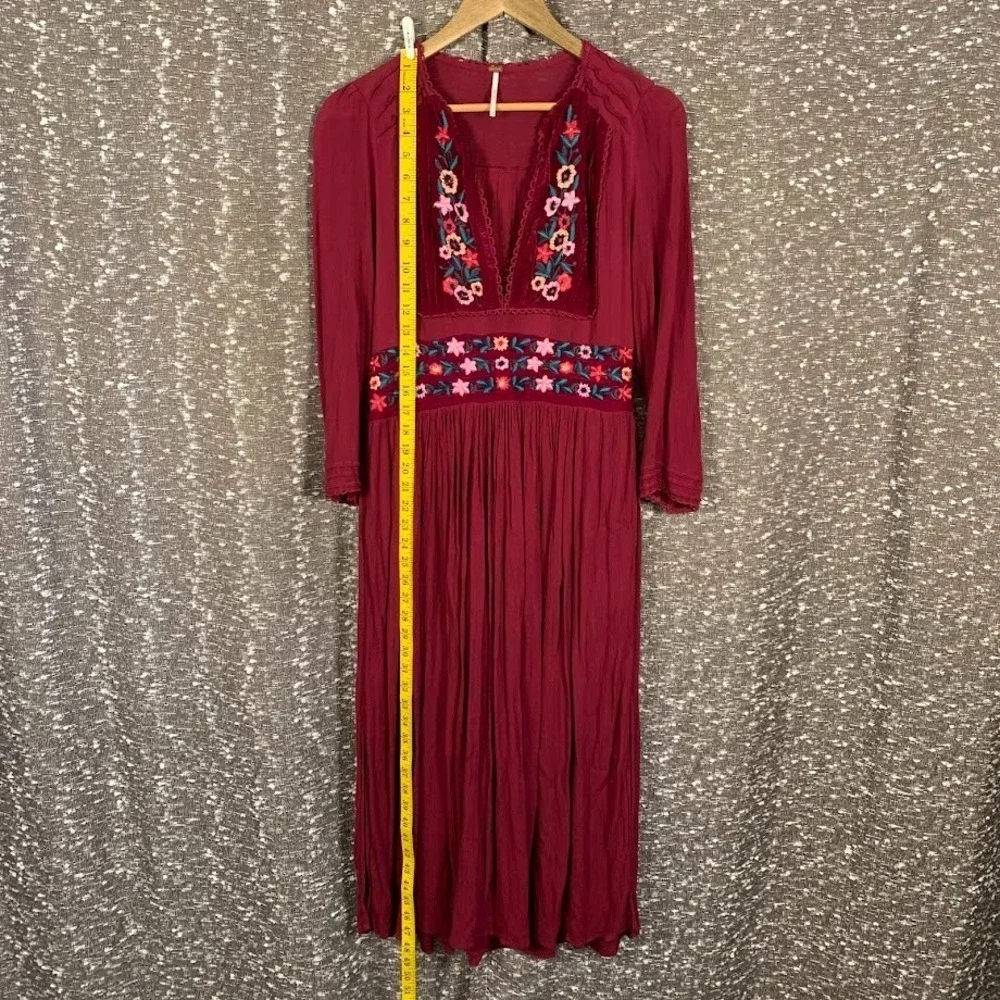 Free People‎ Flora Midi Dress Embroidered Velvet Boho Cottagecore Women's Medium