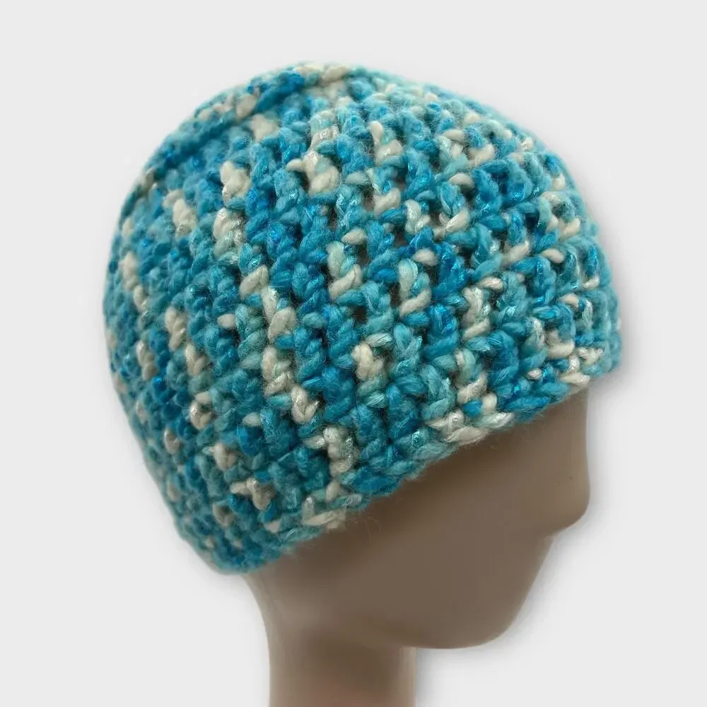 Crochet Blue White Glitter Shimmer Woven‎ Beanie Cap Hat Winter Hat X-Small