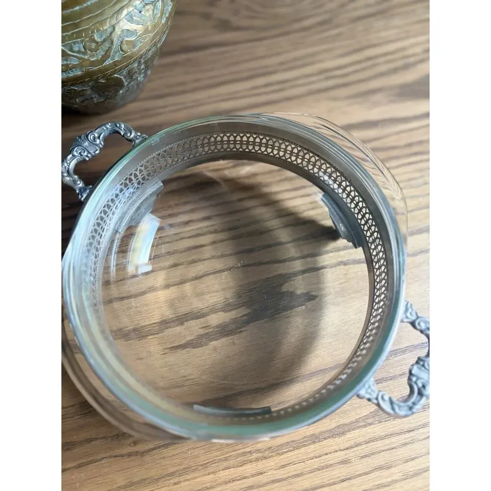 Vintage 3 Quart Pyrex Glass Bowl & Silver Plated Stand With Ornate Handles