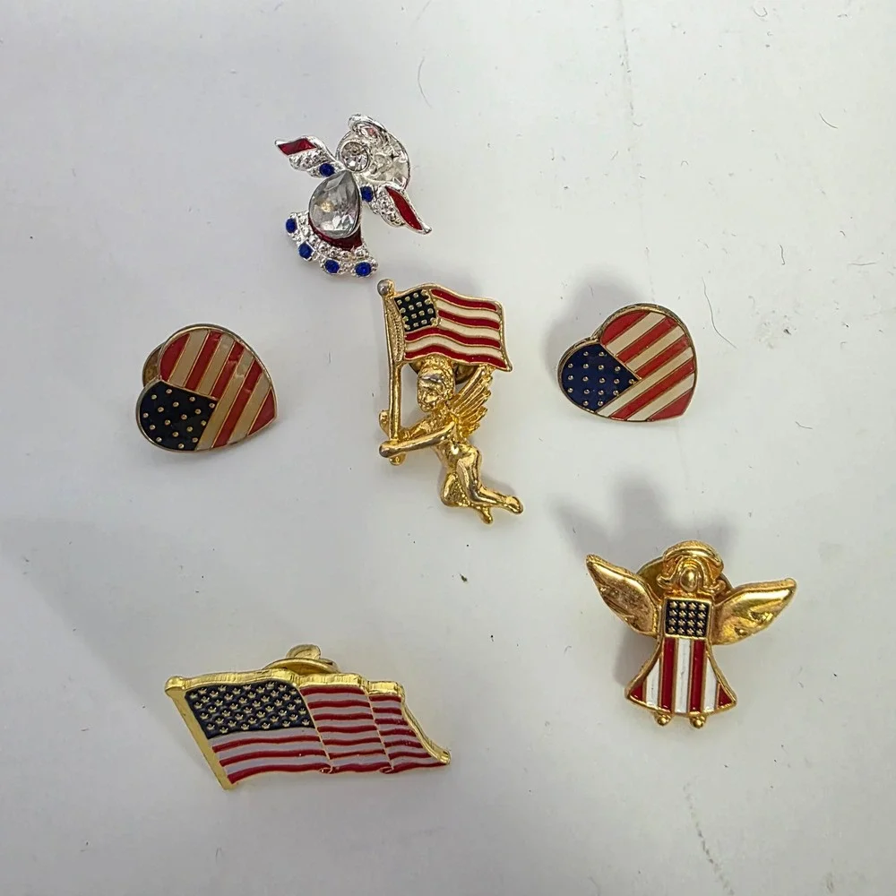 Lot of 6 Vintage Patriotic USA Flag Angel Heart Enamel Lapel Pins Red White Blue